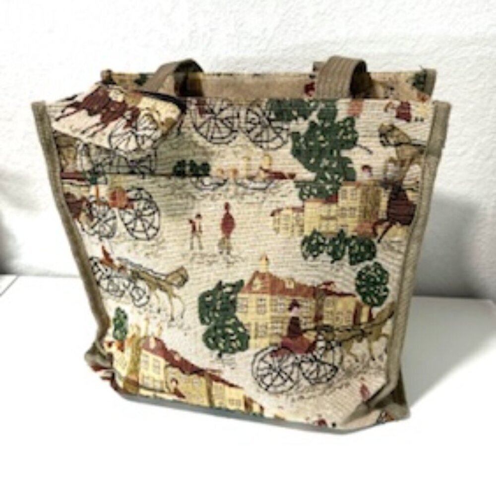 J Garden Tote Bag Horse & Carriage Scene Print Mesh Side Pocket Coin Purse 12"